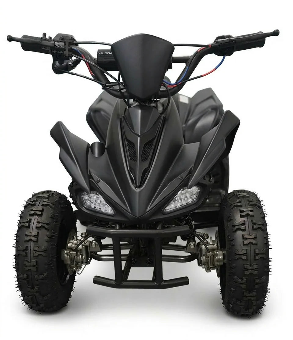 36V Kids Electric Quad ATV 800W Brushless with off-road tires, sleek black design, and front headlights for visibility.