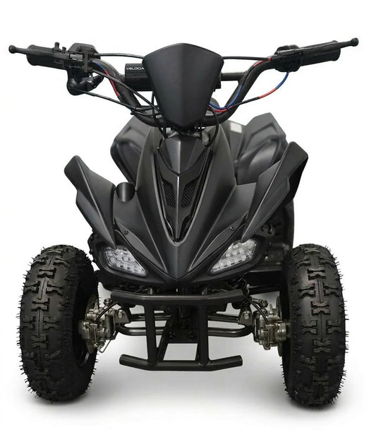 36V Kids Electric Quad ATV 800W Brushless with off-road tires, sleek black design, and front headlights for visibility.