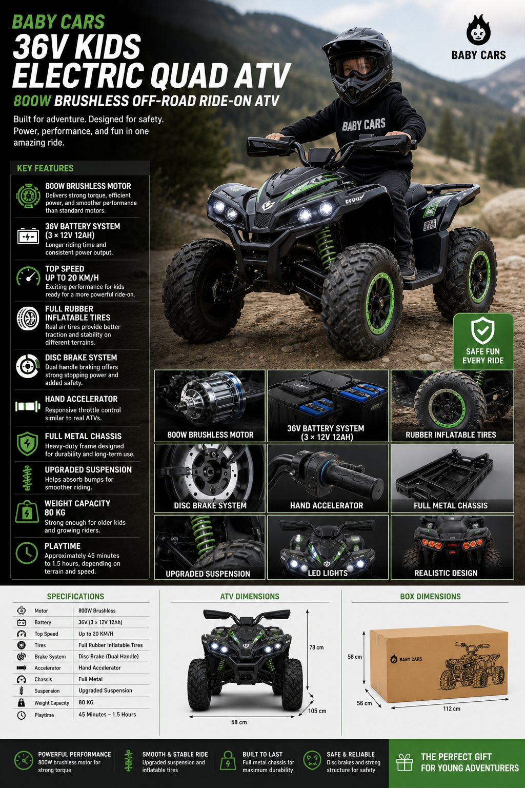 36V Kids Electric Quad ATV by Baby Cars features an 800W brushless motor, off-road design, and safety features for young adve
