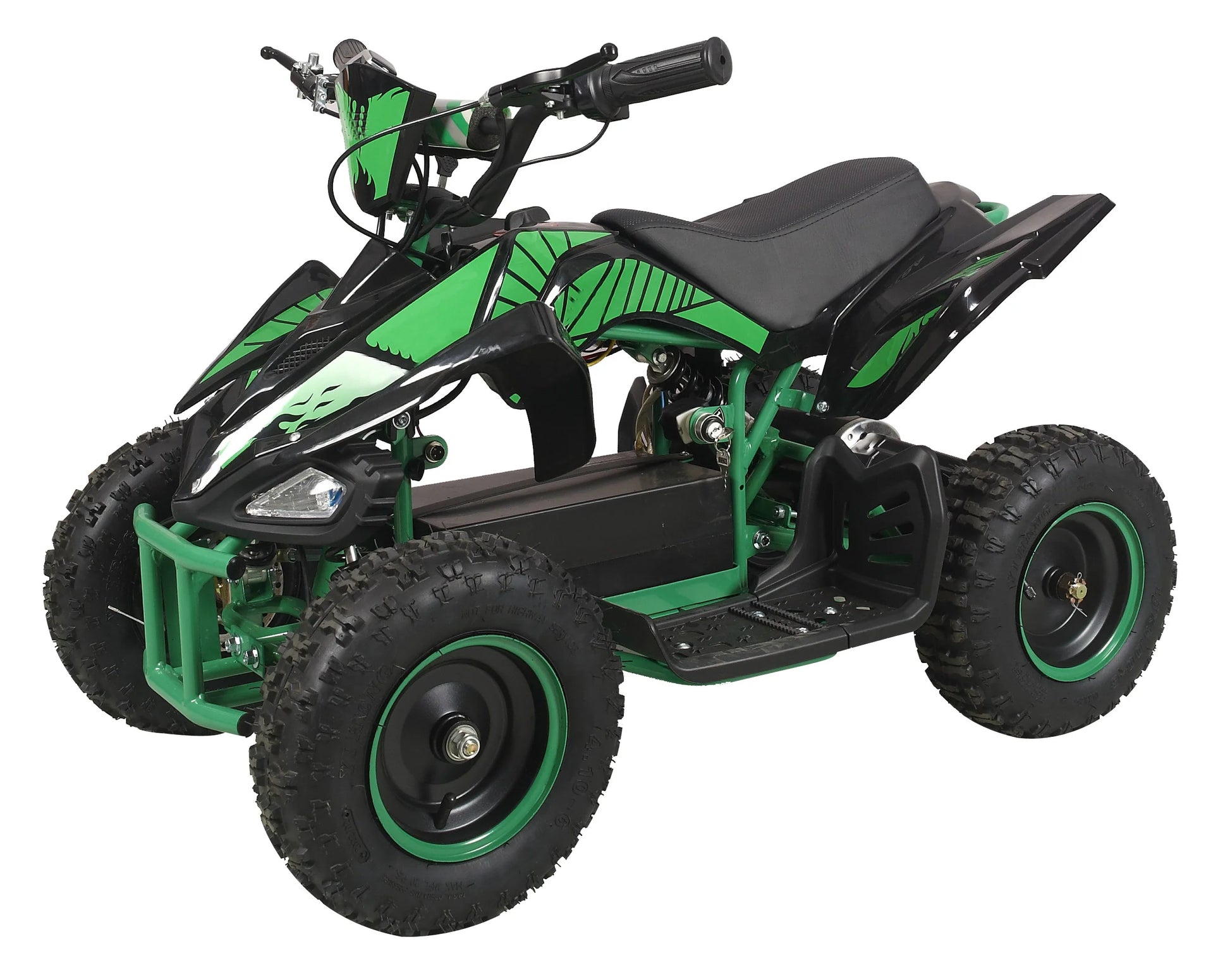 36V Kids Electric Quad ATV 800W Brushless with off-road tires, green and black design, suitable for outdoor riding.