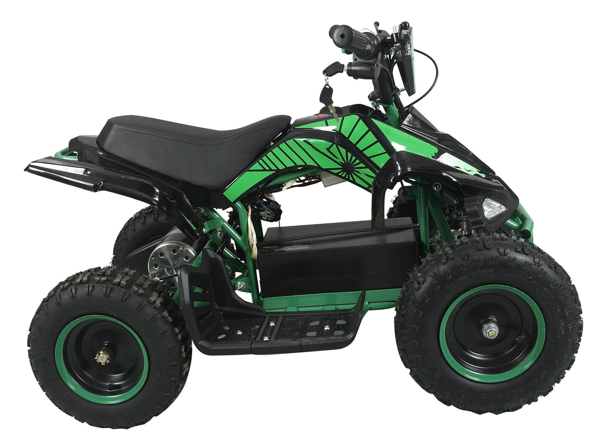 36V Kids Electric Quad ATV by Baby Cars, featuring a green and black design, off-road tires, and a comfortable seat.