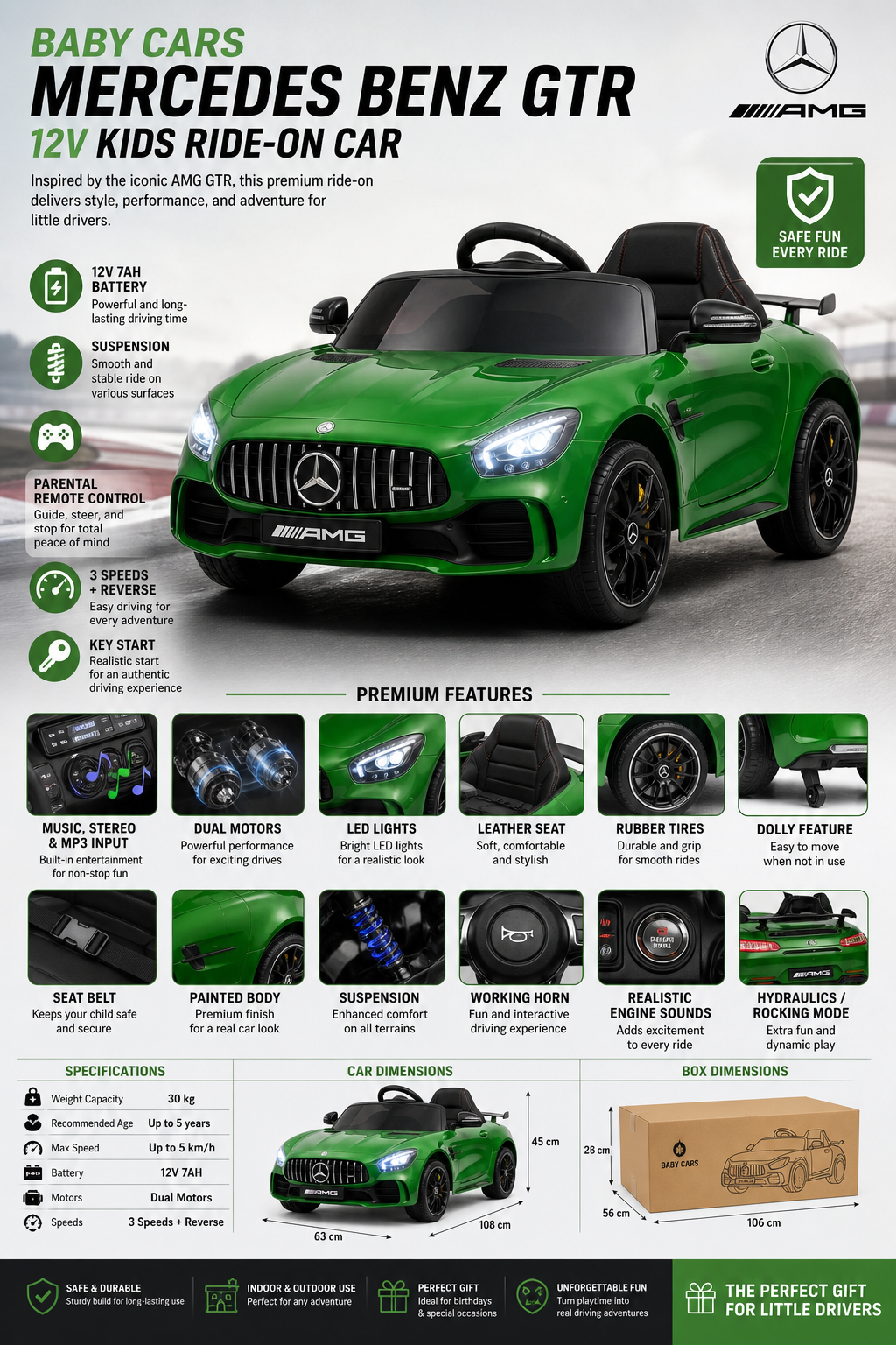 Baby Cars Mercedes Benz GTR 12V Kids Ride-On Car in green, featuring rubber tires, leather seat, Bluetooth, and hydraulic fun