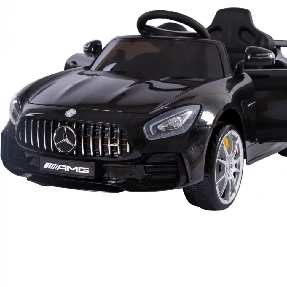 Black Mercedes Benz GTR 12V kids ride-on car with rubber tires, leather seat, Bluetooth, and hydraulic function.
