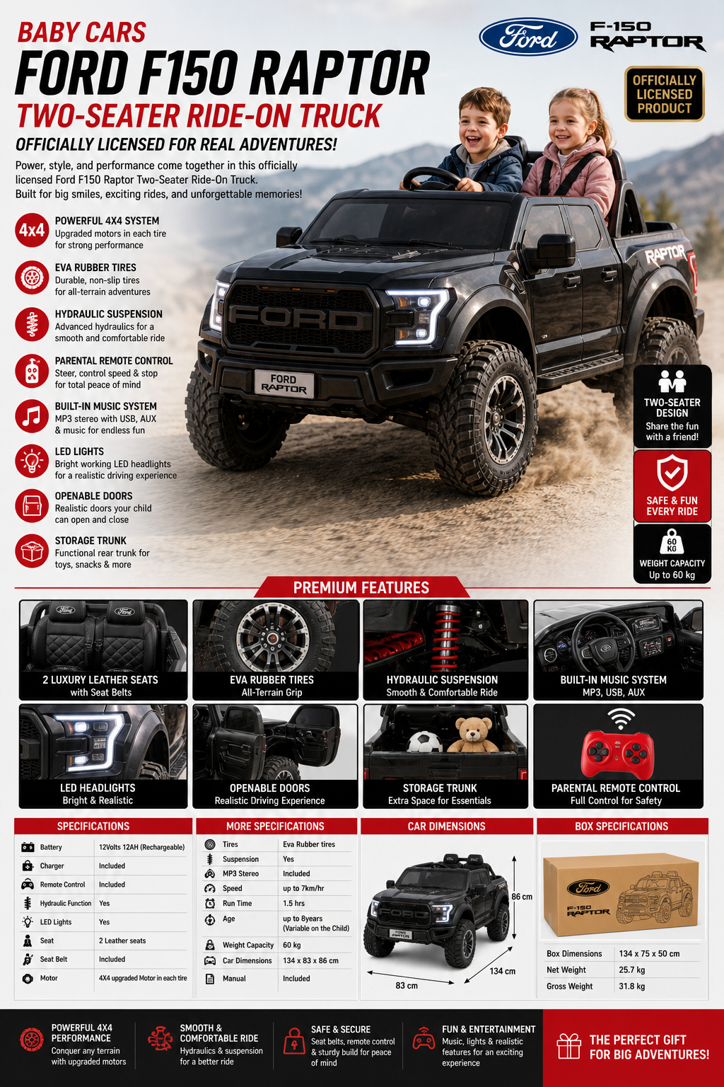 Ford F-150 12V two-seater ride-on truck by Baby Cars, featuring a 4x4 system and premium specifications for kids.