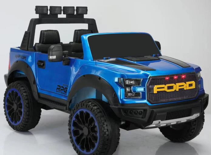 Blue Ford F-150 12V ride-on toy car for kids, two-seater, 4x4 design with large wheels and LED lights.