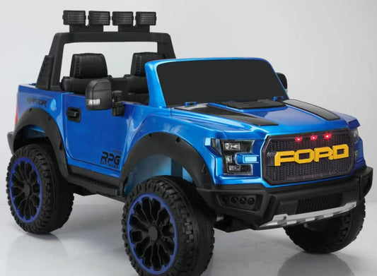 Blue Ford F-150 12V ride-on toy car for kids, two-seater, 4x4 design with large wheels and LED lights.