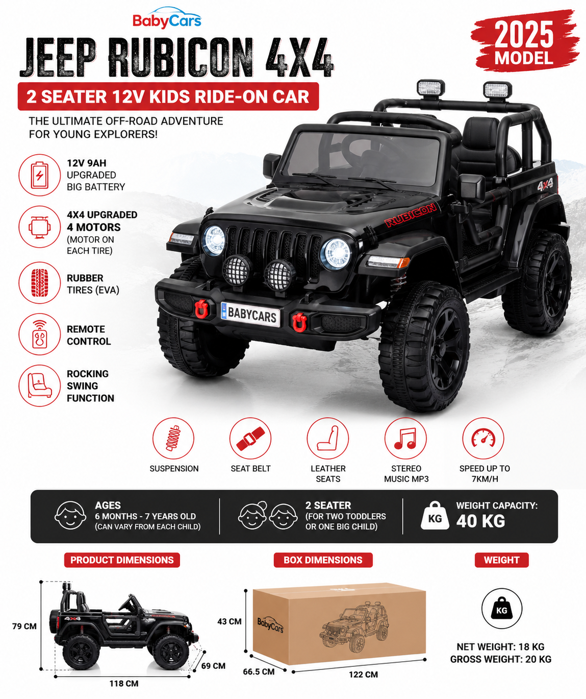 12V Jeep Rubicon 4x4 kids ride-on car, 2-seater, black, off-road design, features include large battery and rubber tires.