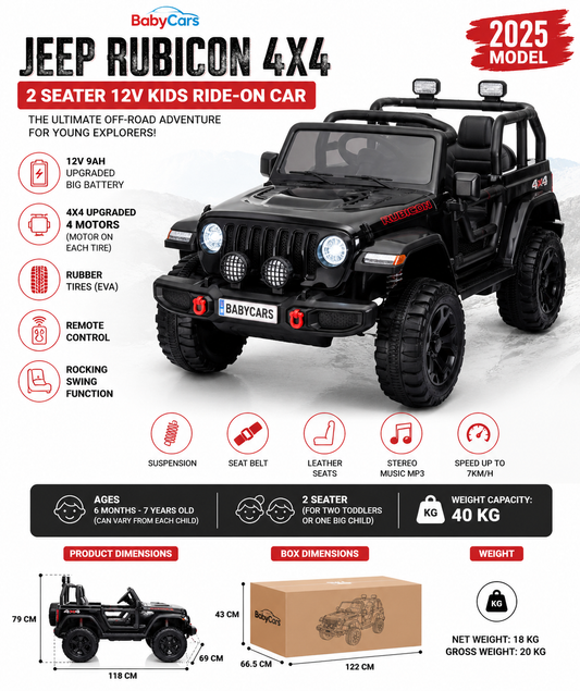 12V Jeep Rubicon 4x4 kids ride-on car, 2-seater, black, off-road design, features include large battery and rubber tires.