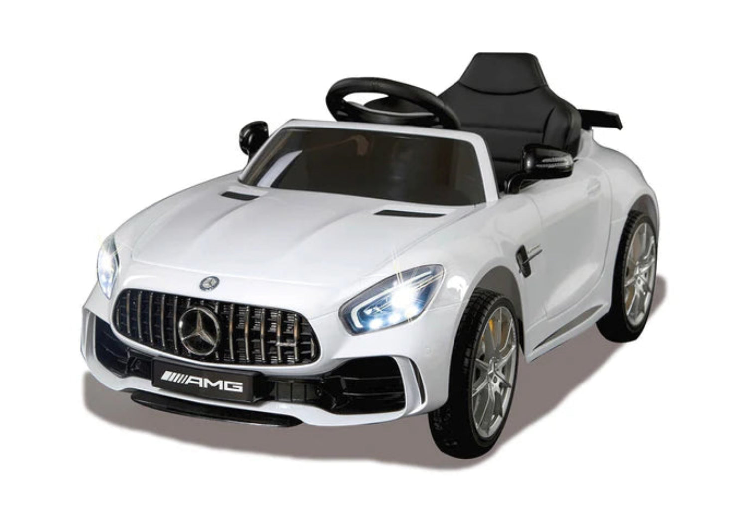 White toy car with Mercedes-Benz logo on a white background