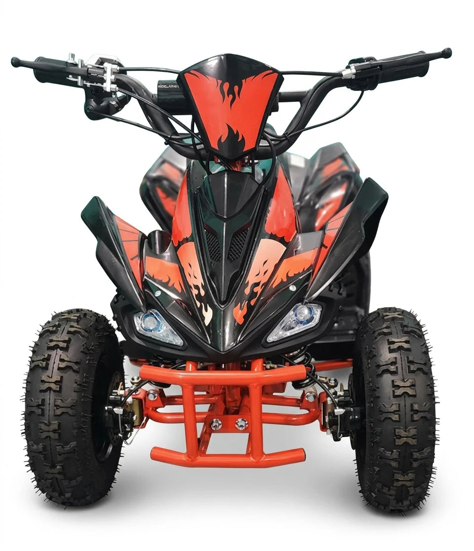 36V Kids Electric Quad ATV 800W Brushless with bold design, off-road tires, and front headlights for adventurous rides.
